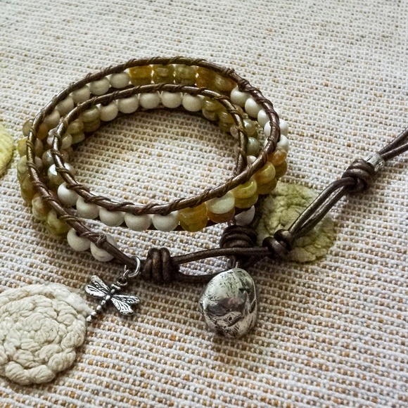 Double Wrap Leather Bracelet w/sterling Silver Dragonfly Charm. Green Serpentine - Picture 1 of 8